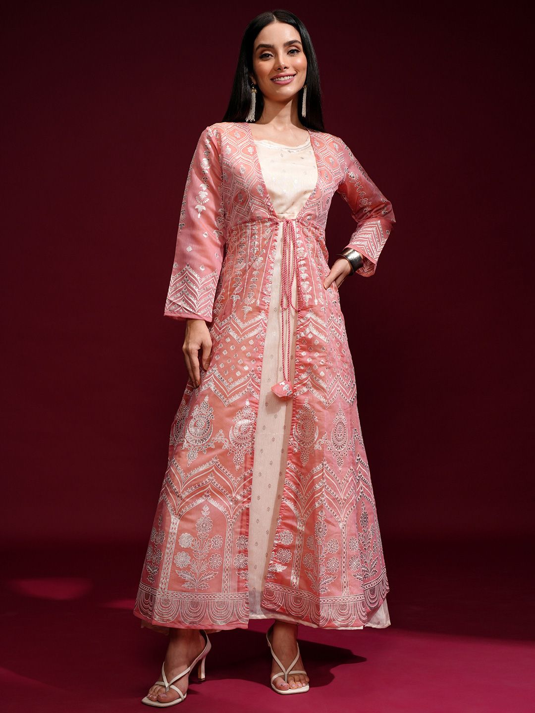 Vishudh Peach-Coloured Ethnic Motifs Layered Ethnic Maxi Dress With Jacket