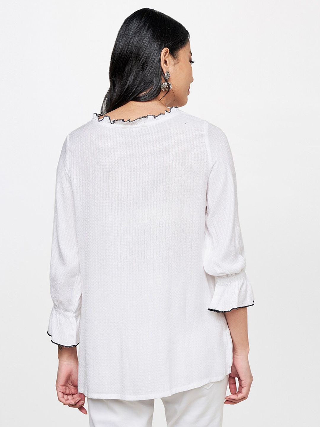 Global Desi Women Off White Floral Embroidered Tie-Up Neck Top