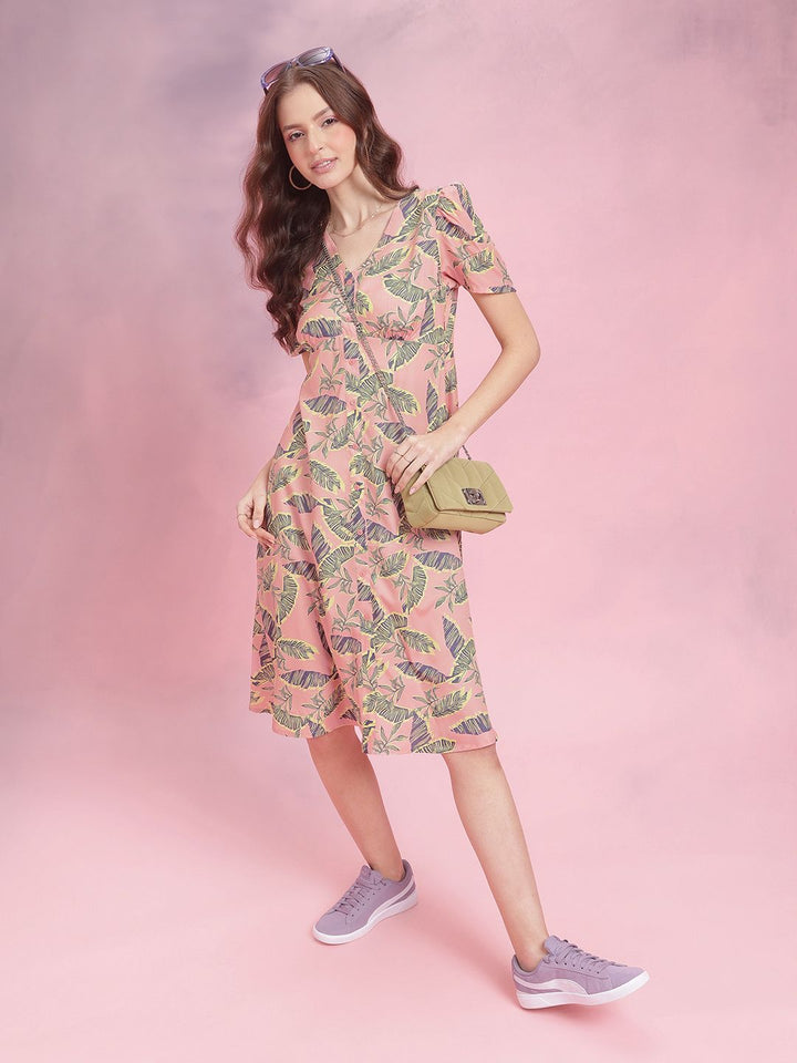 DressBerry Tropical Print Puff Sleeve Empire Midi Dress