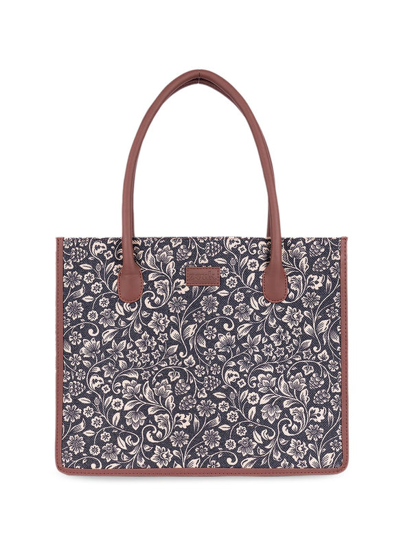 ZOUK Floral Printed Structured Jute Handheld Bag