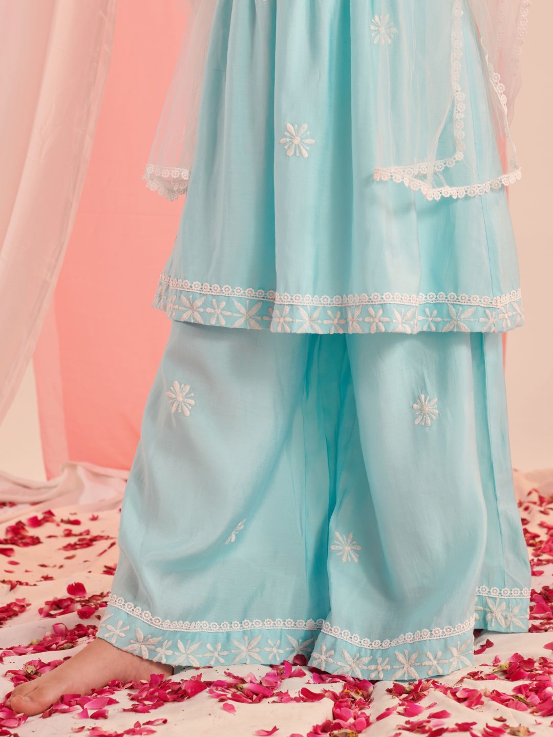 pspeaches Girls Floral Embroidered Empire Kurta with Sharara & Dupatta