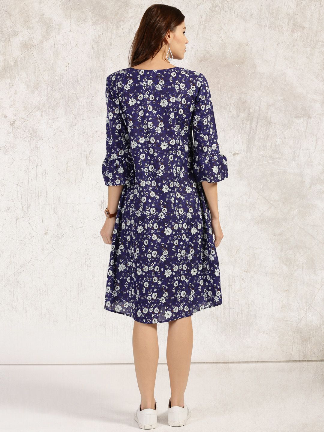Anouk Navy & White Floral Printed Pure Cotton Kurta Dress
