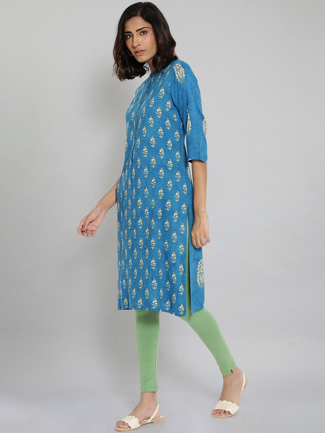 W Women Blue Ethnic Motifs  printed Thread Work Kurta