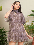 SASSAFRAS Brown Floral Printed High Neck Cut-Outs Georgette A-Line Dress