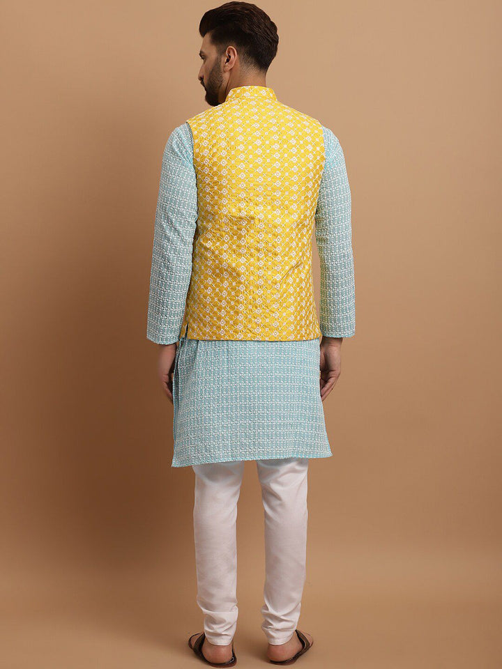 SOJANYA Floral Embroidered Pure Cotton Kurta With Churidar & With Nehru Jacket