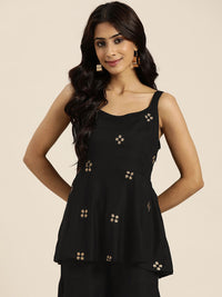 Shae by SASSAFRAS Black & Golden Zari Embroidered Liva A-Line Top