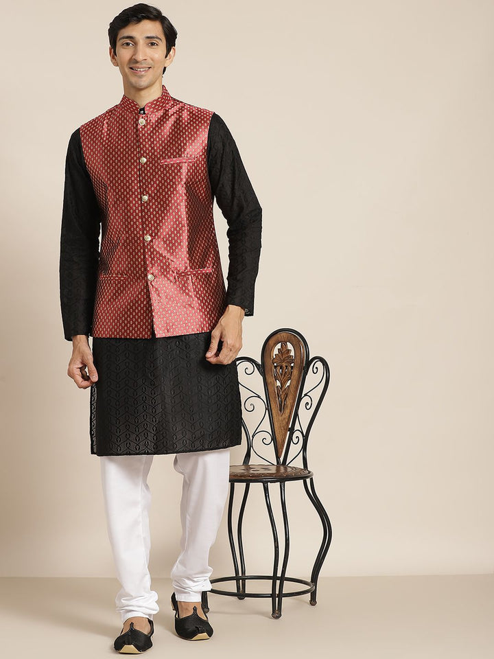 SOJANYA Lelaki Black Chikankari Pure Cotton Kurta with Churidar & Nehru Jacket