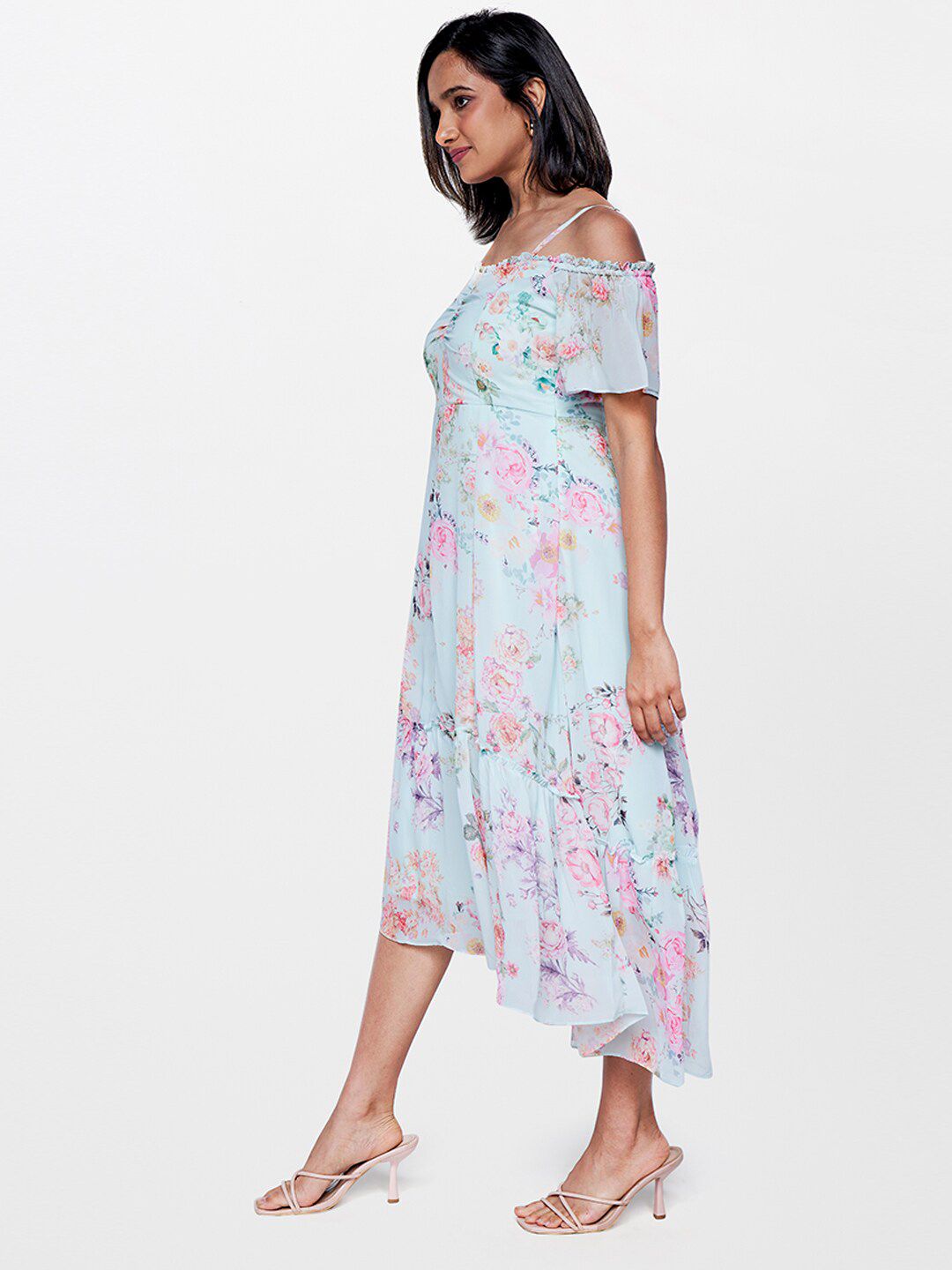 AND Floral Print Cold-Shoulder Fit & Flare Midi Dress