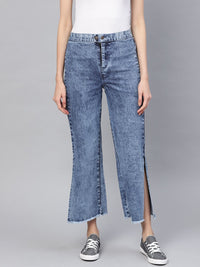 SASSAFRAS Women Blue Straight Fit Mid-Rise Clean Look Cropped Acid wash Jeans