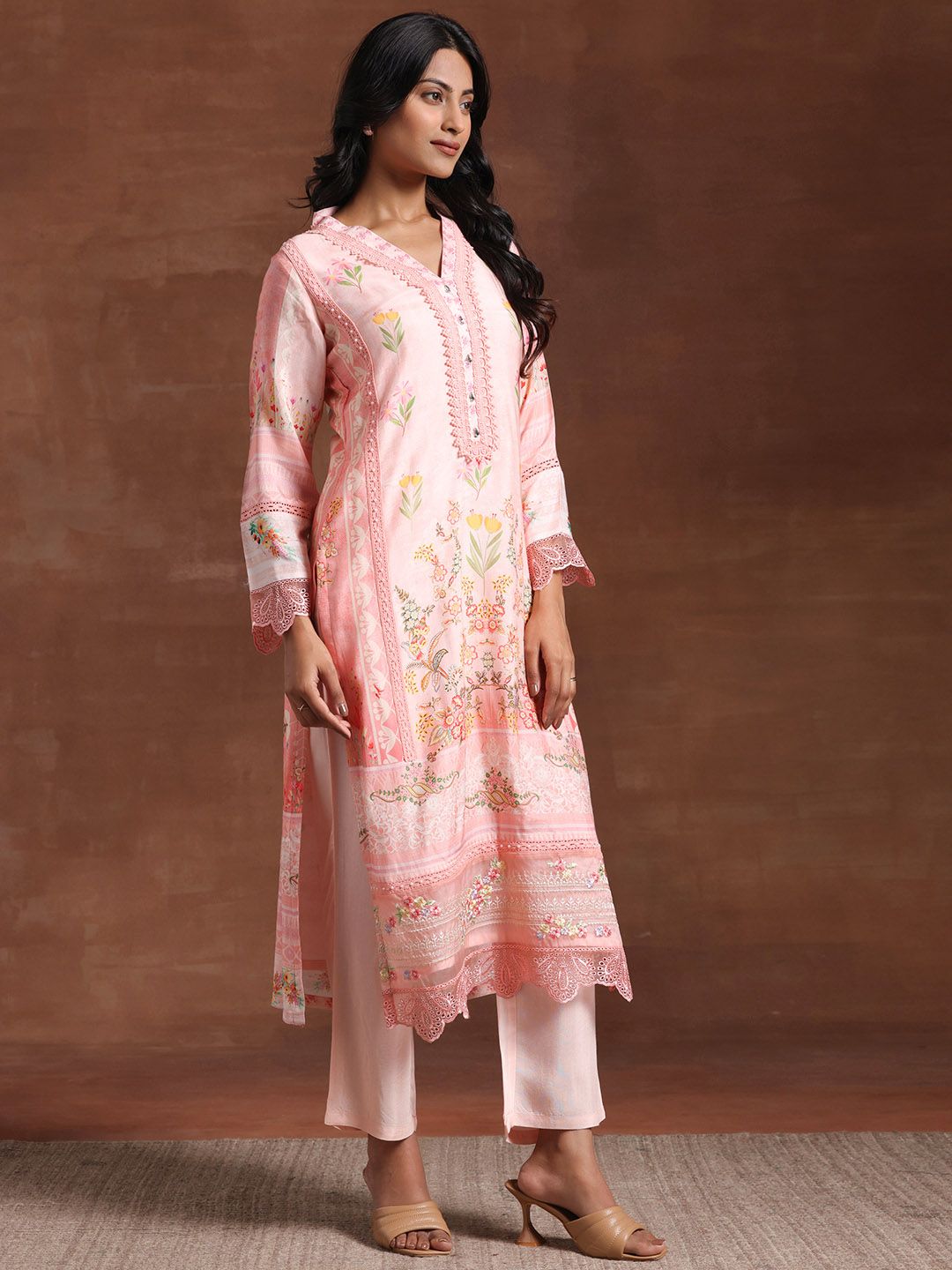 Libas Floral Printed V-Neck Long Sleeves Beads and Stones Kurta Set