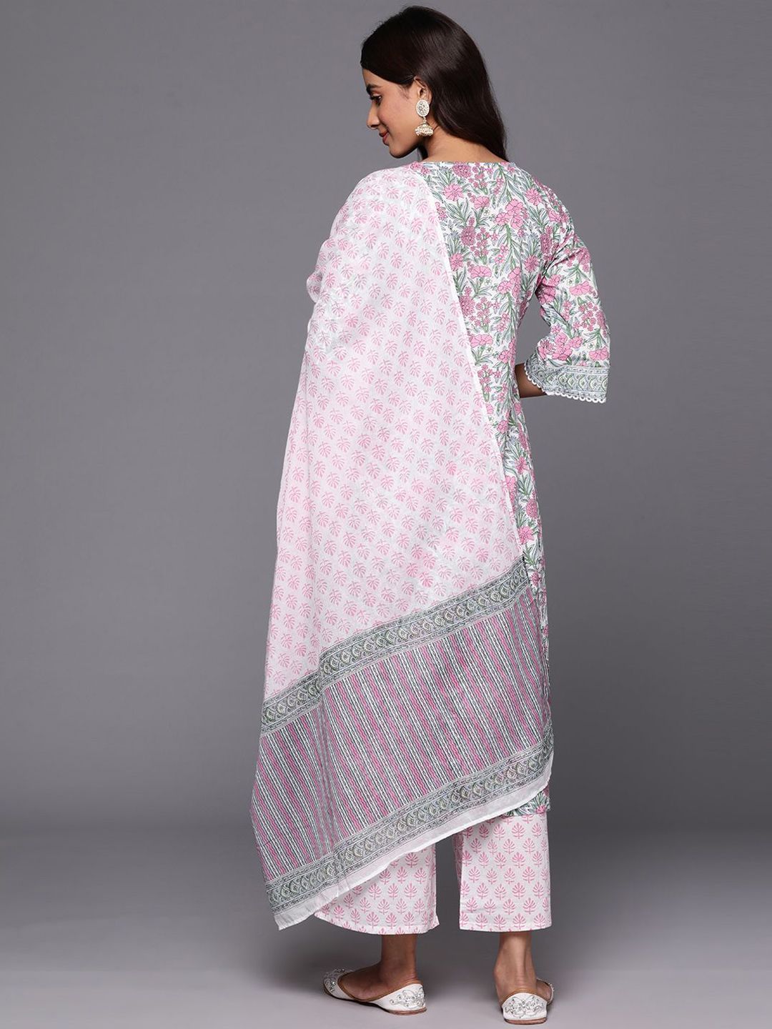 Libas Floral Printed Notch Neck Cotton Straight Kurta With Palazzos & Dupatta