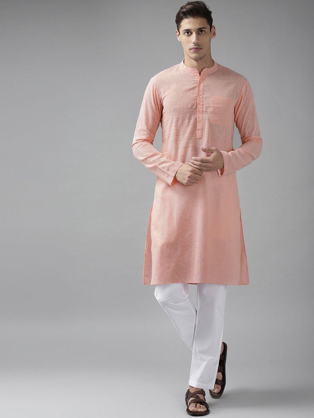 See Designs Men Pink Straight Cotton Kurta