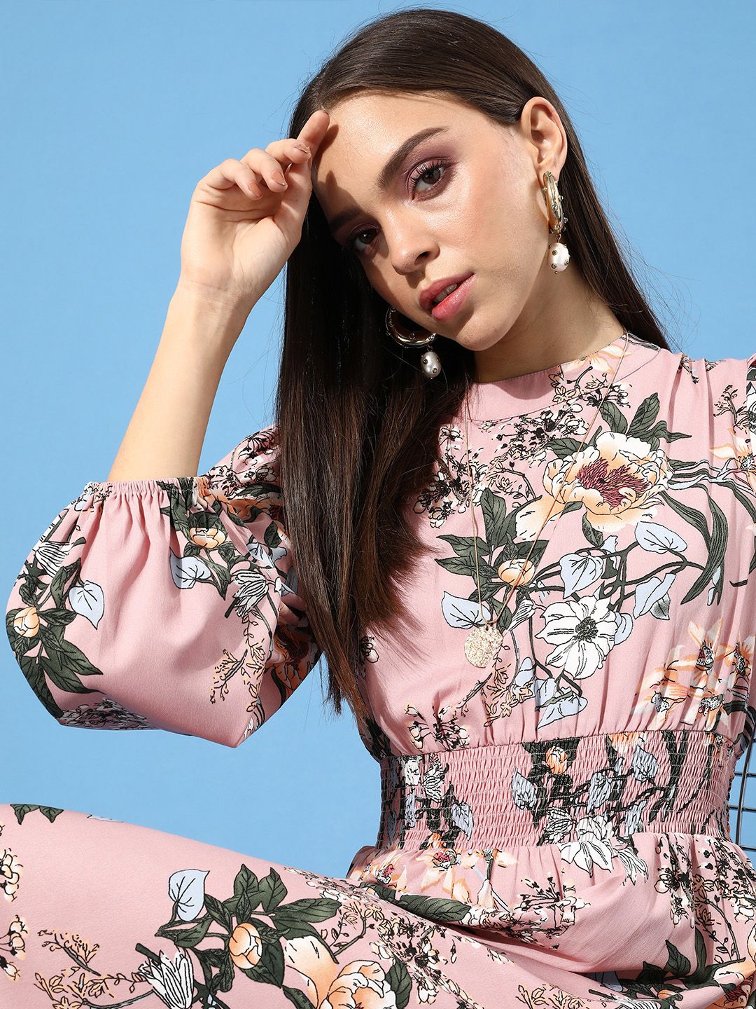 Berrylush Women Pretty Pink Floral Cinched Waist Dress