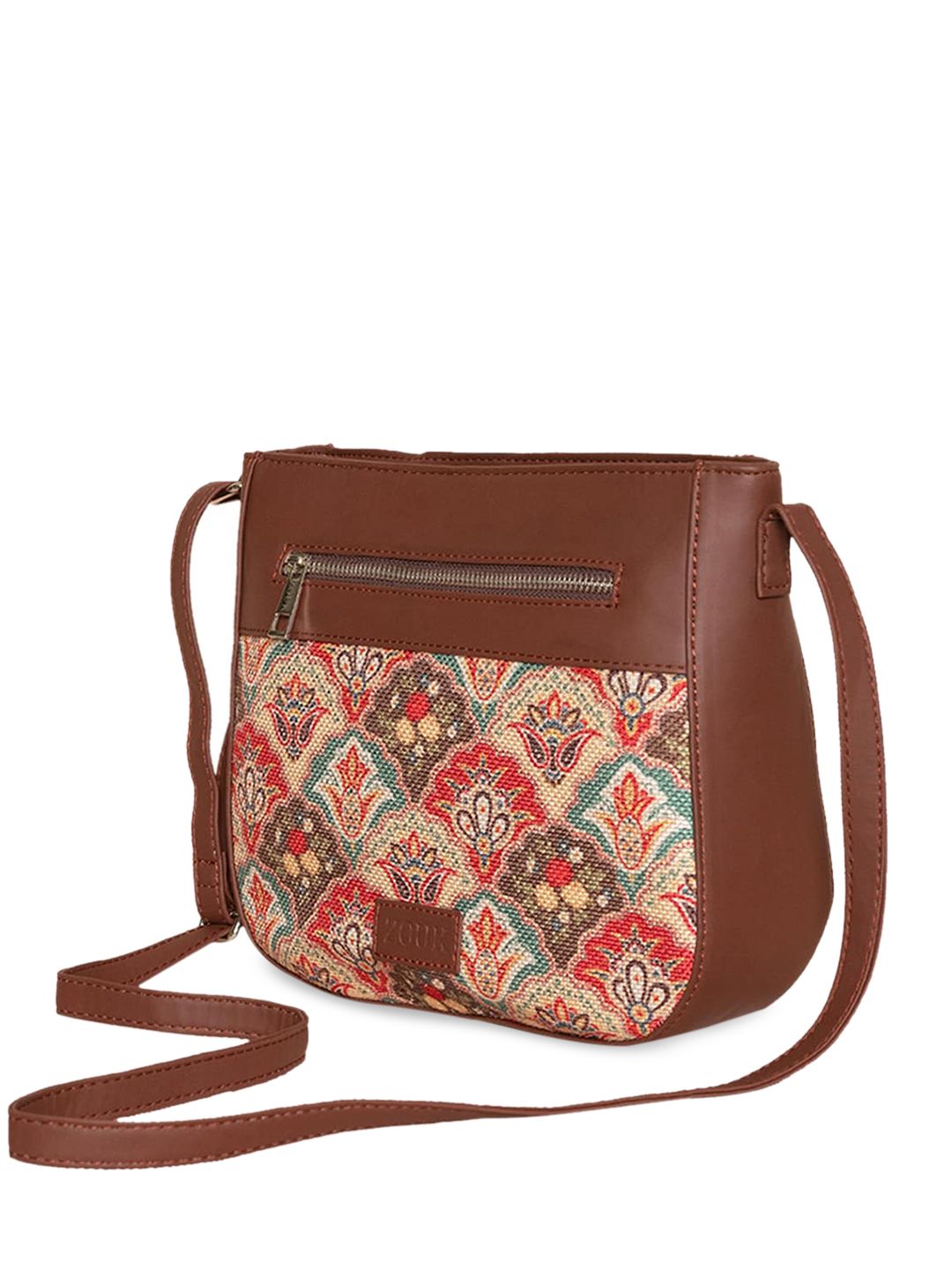 ZOUK Tan Floral Printed Structured Sling Bag