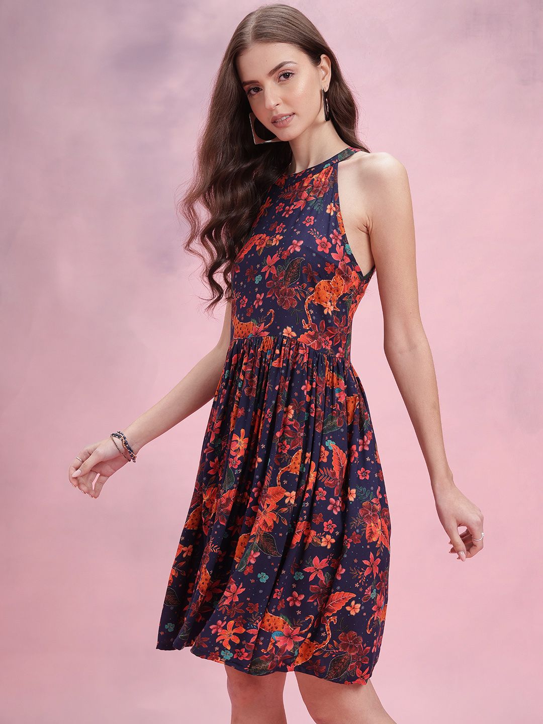 DressBerry Floral Print Halter Neck Fit & Flare Dress