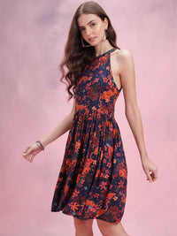 DressBerry Floral Print Halter Neck Fit & Flare Dress