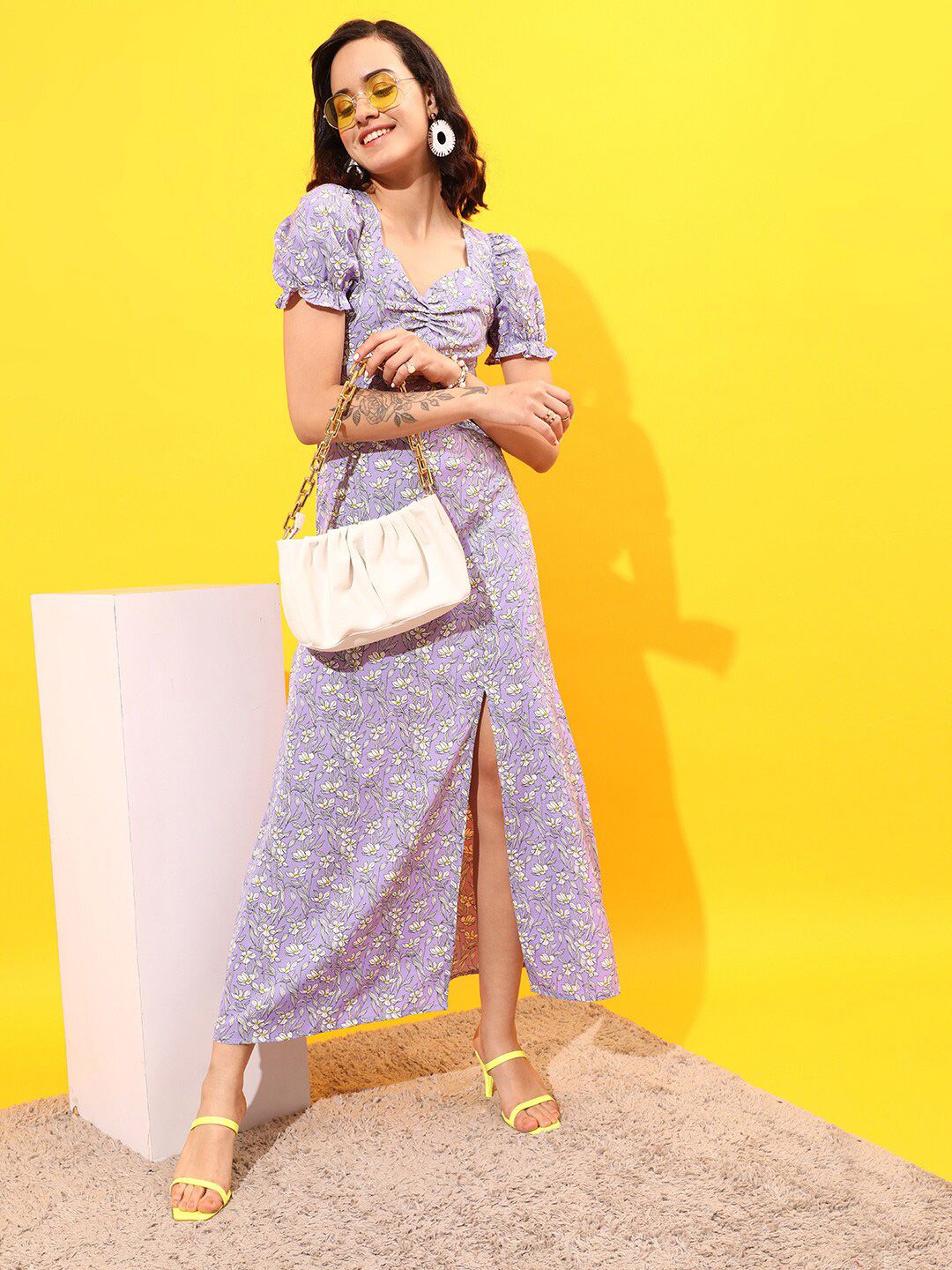 STREET 9 Floral Printed Sweetheart Neck Puff Sleeves A-Line Dress