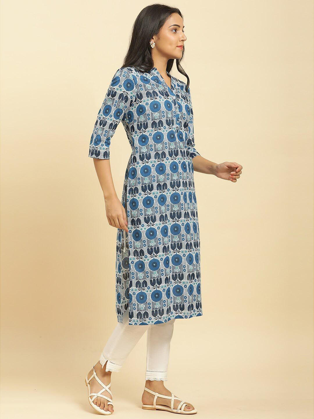 W Blue & White Geometric Printed Mandarin Collar Cotton A-Line Kurta