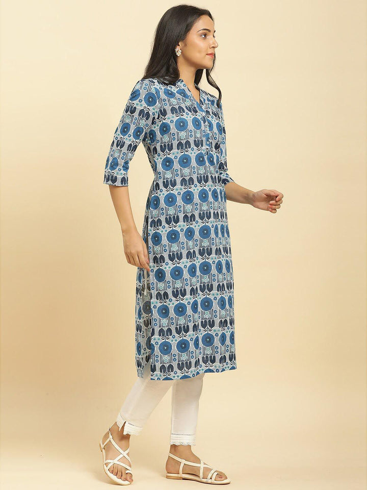 W Blue & White Geometric Printed Mandarin Collar Cotton A-Line Kurta