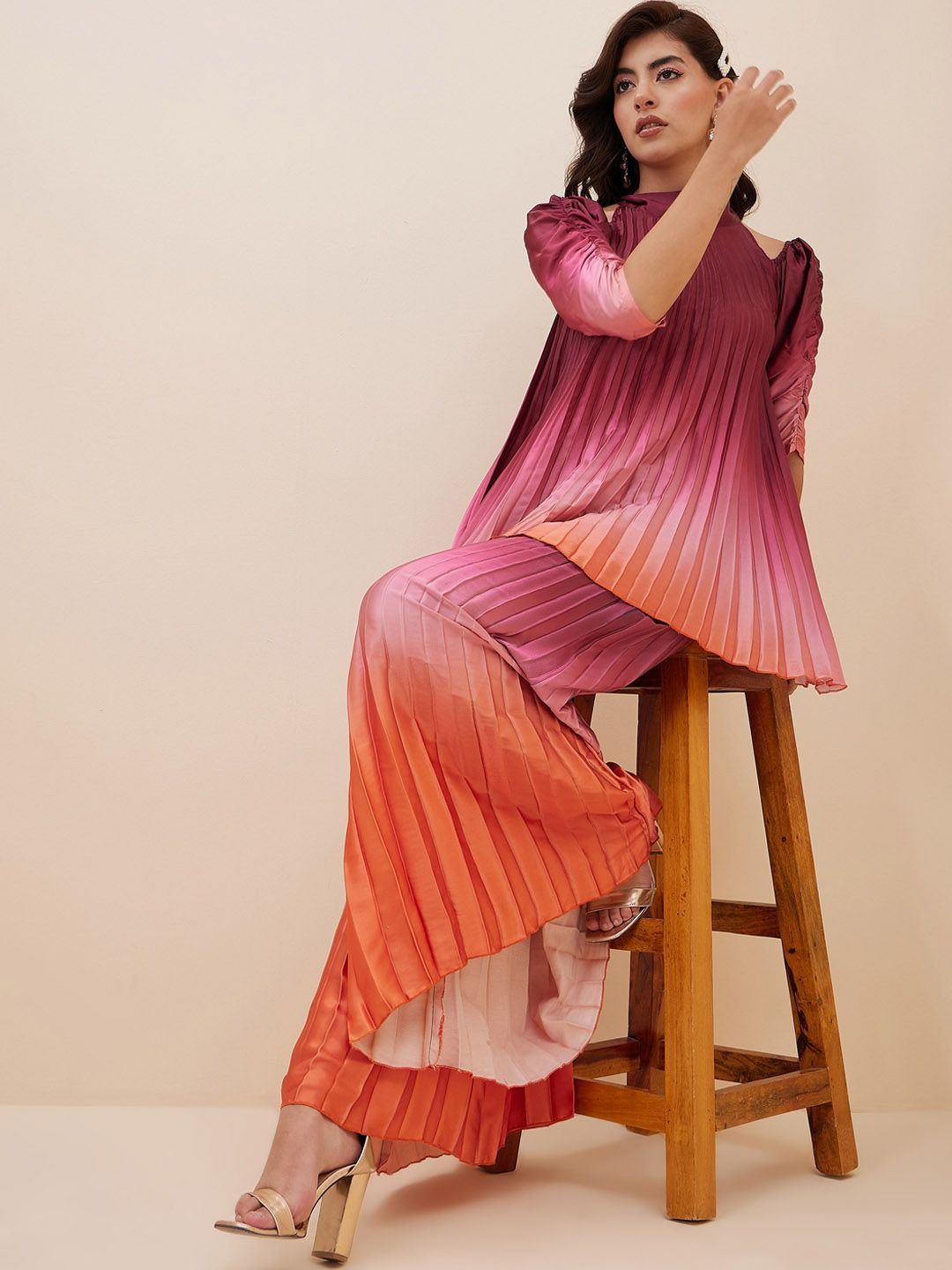 Antheaa Pink & Orange Ombre Pleated Halter Neck Tunic With Palazzos