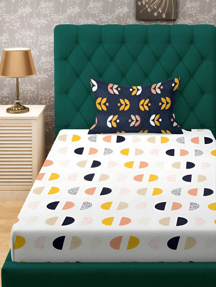 KLOTTHE White Geometric Cotton 300 TC Single Fine Bedsheet with a Pillow Cover-225 x 150 cm