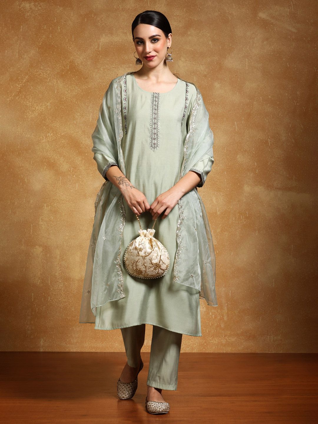 Varanga Floral Yoke Design Sequinned Straight Kurta With Trousers And Dupatta