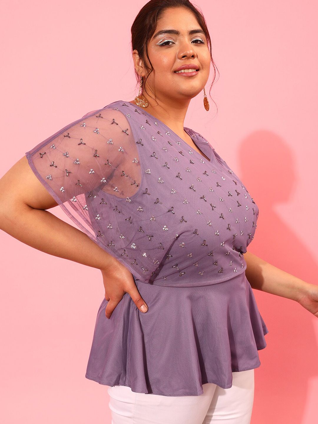 CURVY STREET Plus Size Embellished Extended Sleeves Peplum Top