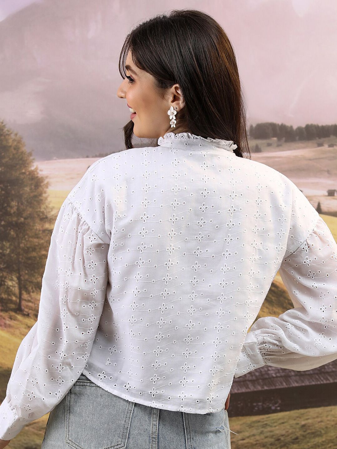 Tokyo Talkies White Self Design Schiffli Band Collar Cuffed Sleeves Shirt Style Top