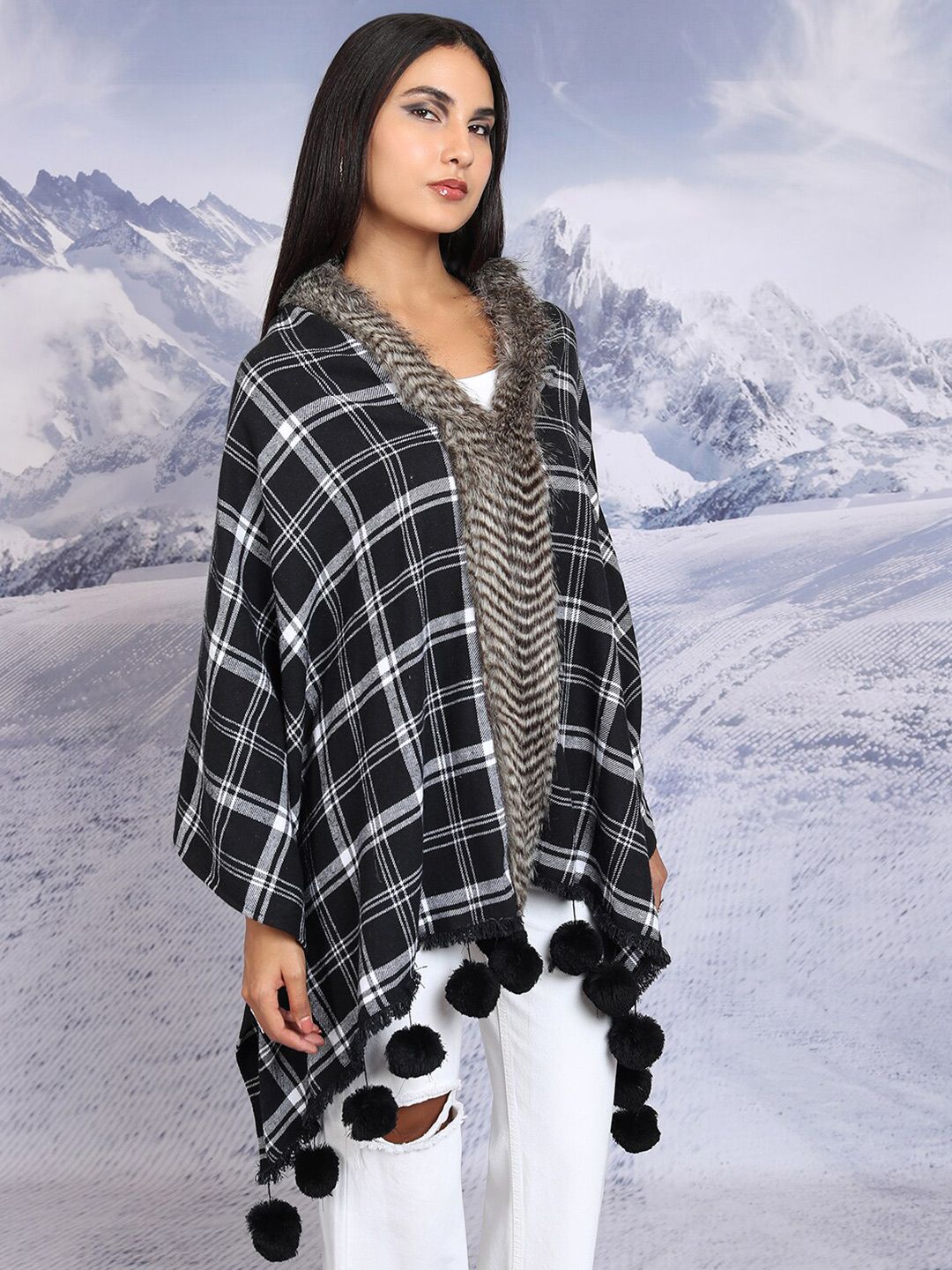 Tokyo Talkies Checked Tasselled Open Front Flannel Checked Shrug