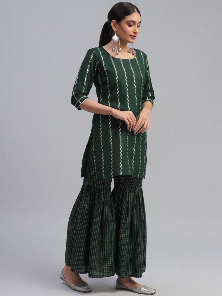 Libas Green Striped Kurti With Sharara & Dupatta
