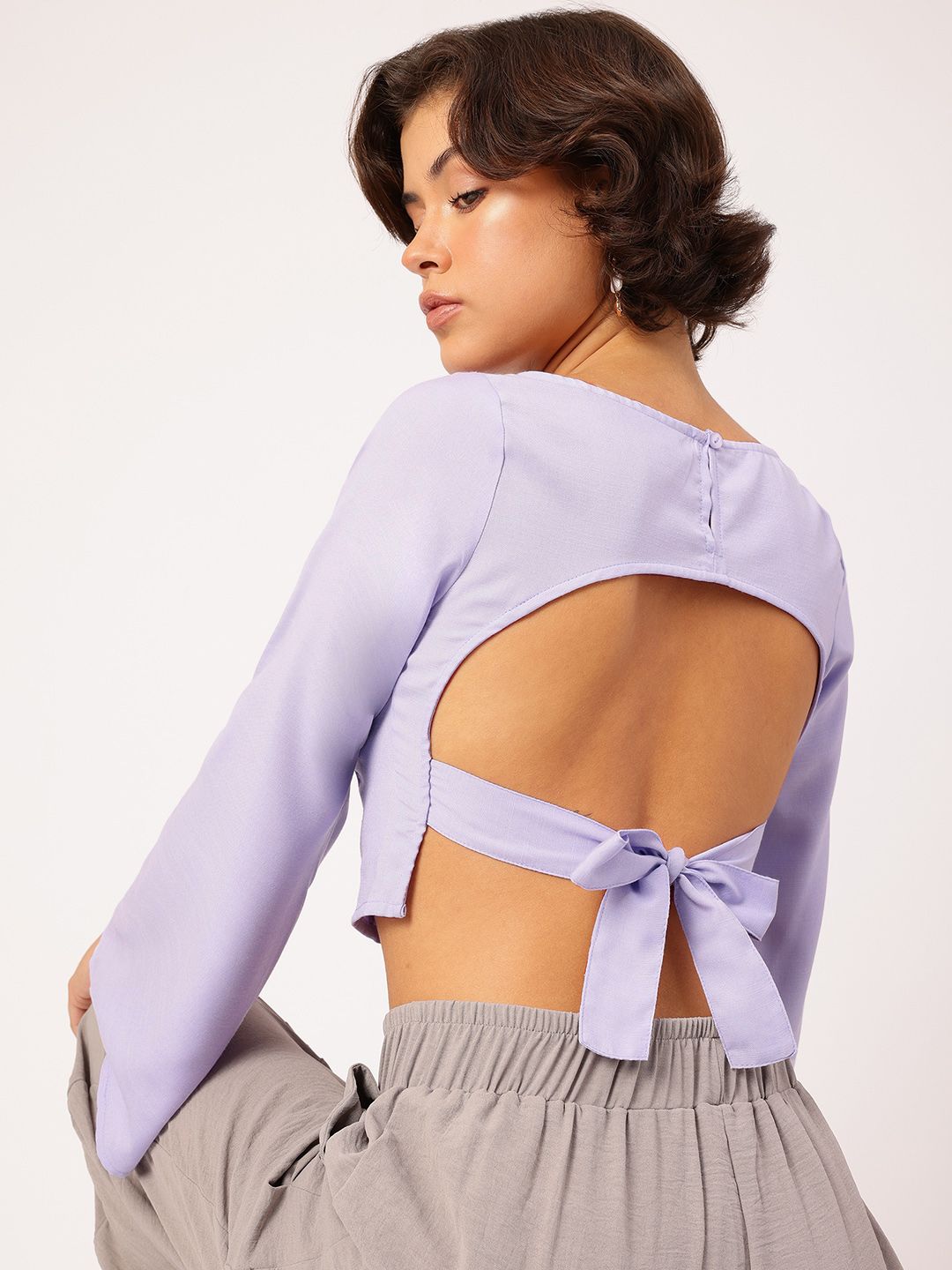 DressBerry Lavender Love Backless Flared Sleeve Crop Top
