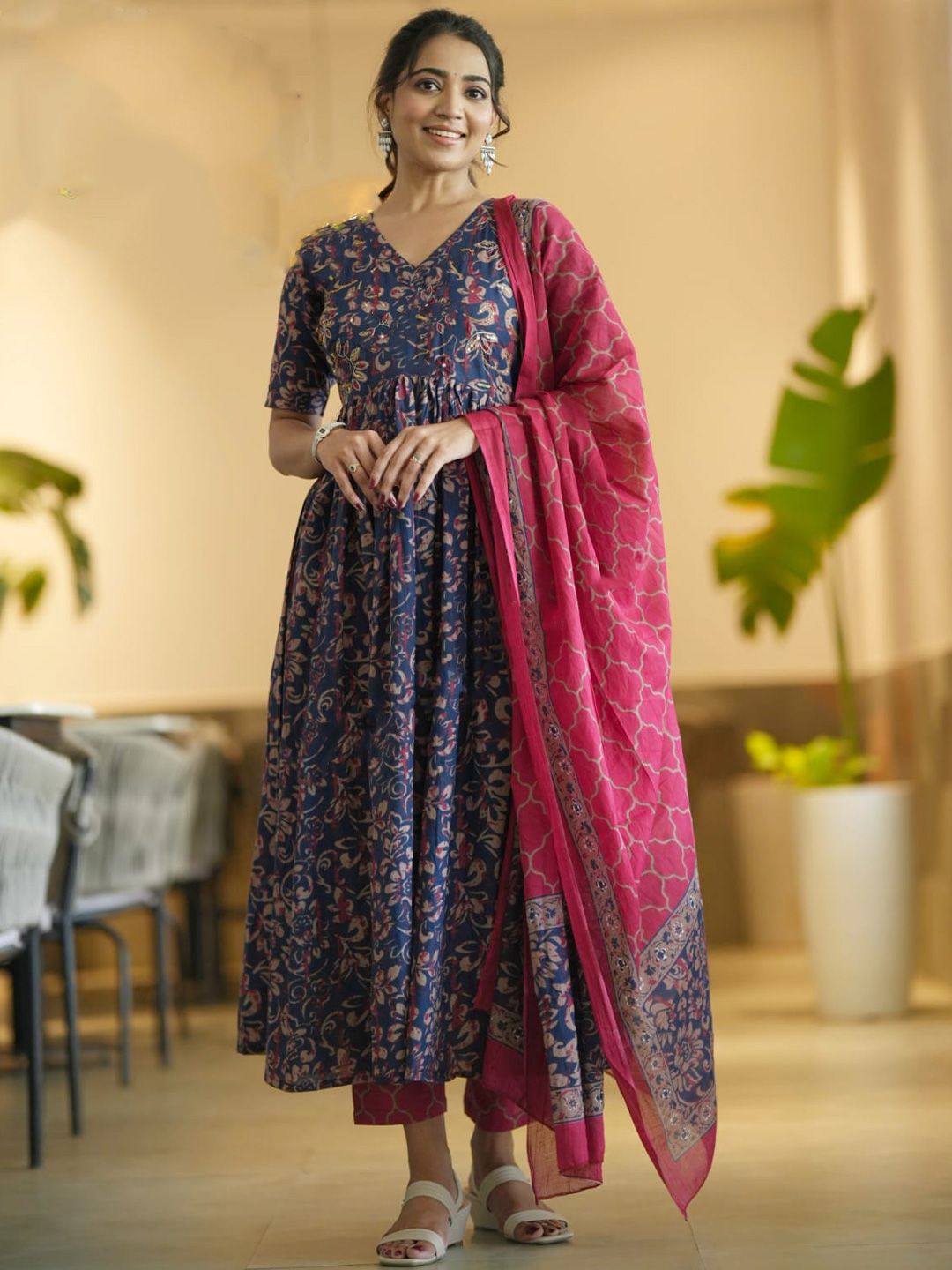 KALINI Floral Printed V-Neck Anarkali Kurta With Trousers And Dupatta
