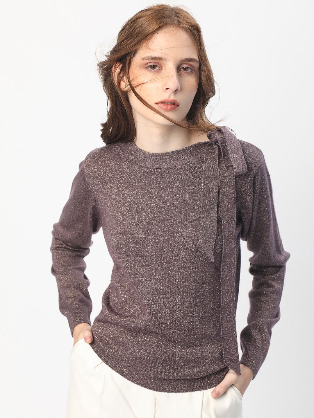 RAREISM Round Neck Acrylic Tie up Shimmer Sweater