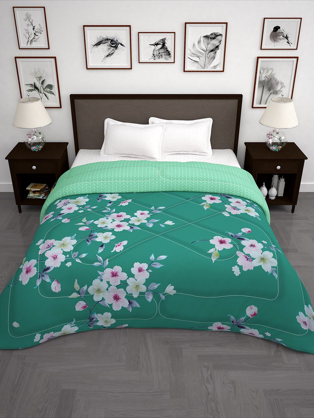 Story@home Green & White Floral 180 GSM AC Room Double Bed Comforter