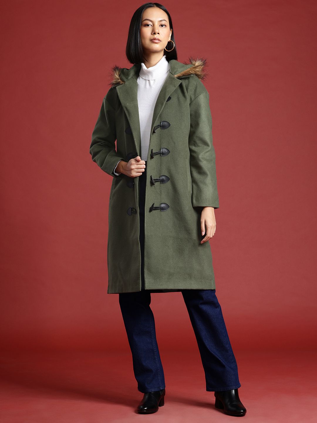 all about you Faux Fur Trim Toogle Closure Parka Coat