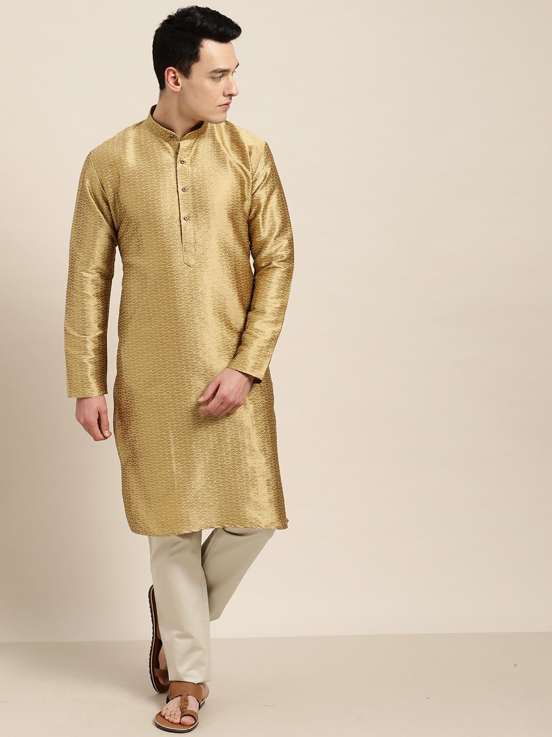 SOJANYA Men Golden Woven Design Straight Kurta