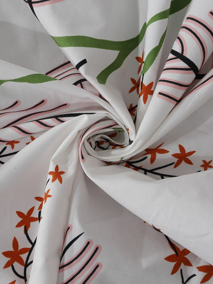 KLOTTHE White & Brown Printed 300 TC Fitted Double Bed Bedsheet With 2 Pillow Covers