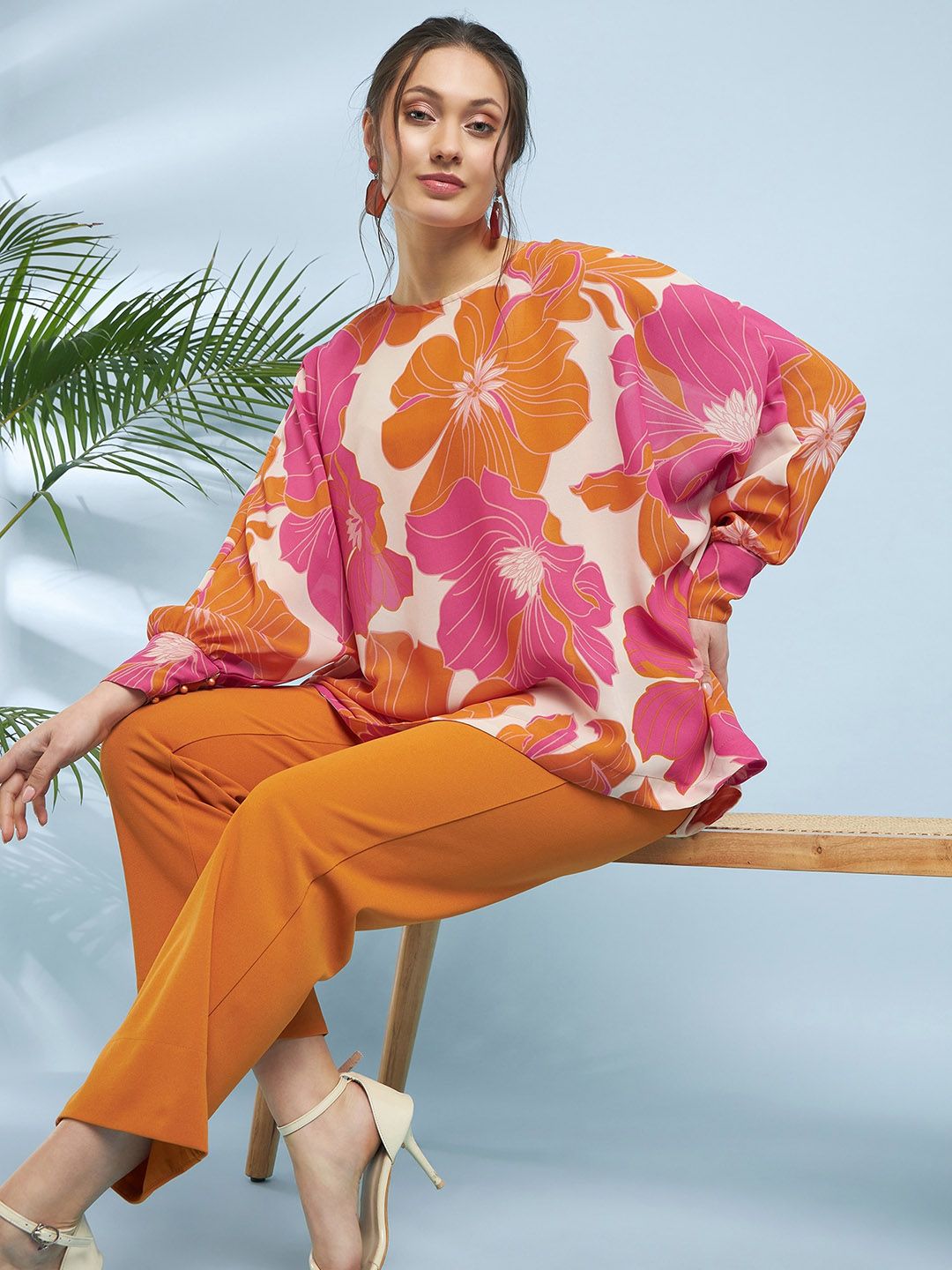 Antheaa Floral Printed Loose Fit Top With Trousers