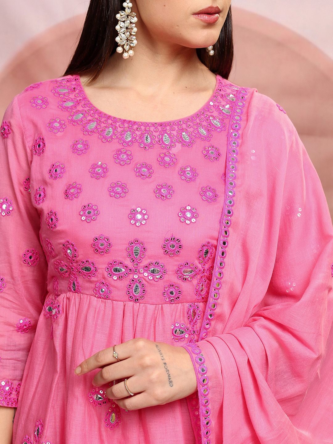 Vishudh Pink Embroidered Mirror Work Pure Cotton A-Line Kurta With Sharara & Dupatta