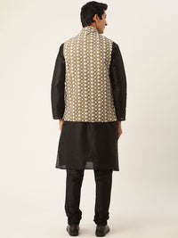 SOJANYA Men Black & Olive Green Solid Kurta with Churidar & Embroidered Nehru Jacket