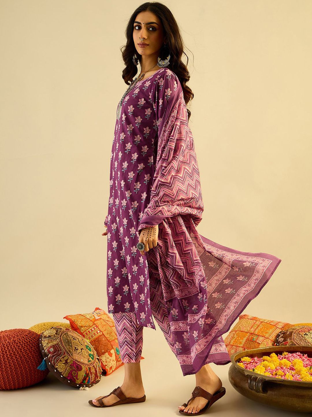 Indo Era Purple Floral Printed V-Neck Pure Cotton Straight Kurta with Trousers & Dupatta