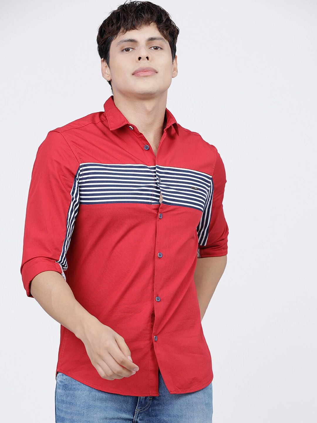The Indian Garage Co Men Red Slim Fit Striped Casual Shirt