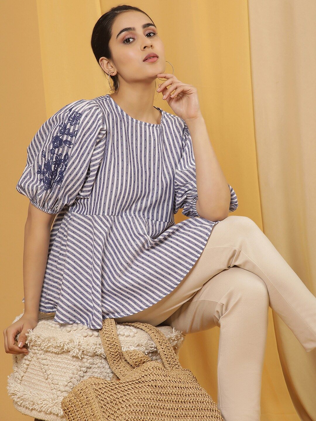 W Vertical Striped Puff Sleeves Cotton Peplum Top