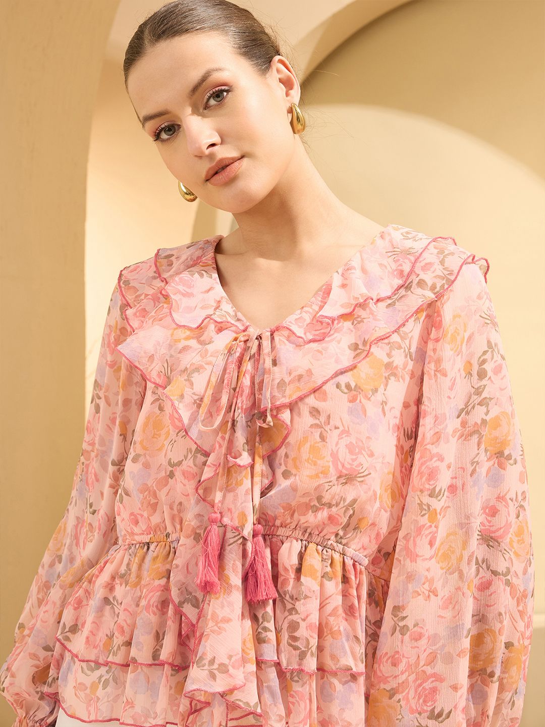 Antheaa Floral Printed Ruffles Detail Chiffon Peplum Top