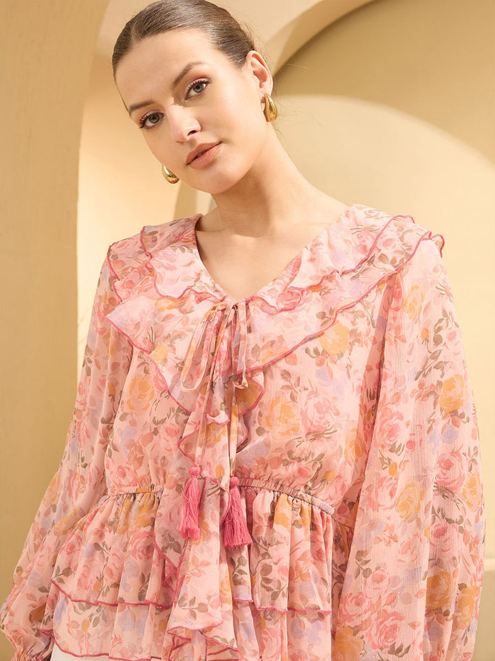Antheaa Floral Printed Ruffles Detail Chiffon Peplum Top