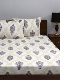 BOMBAY DYEING White & Purple Floral 160 TC Queen Bedsheet with 2 Pillow Covers