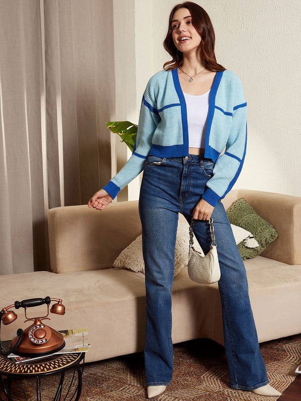 Berrylush Striped Crop Front Open Acrylic Sweater