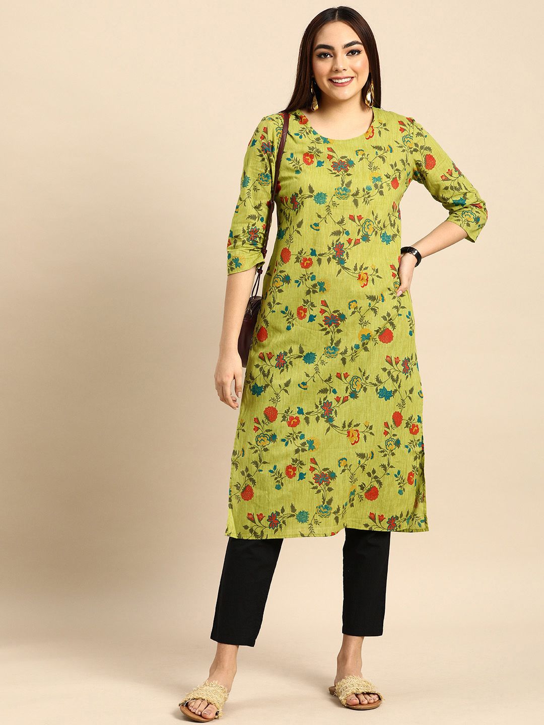 Anouk Women Green & Red Floral Printed Pure Cotton Kurta