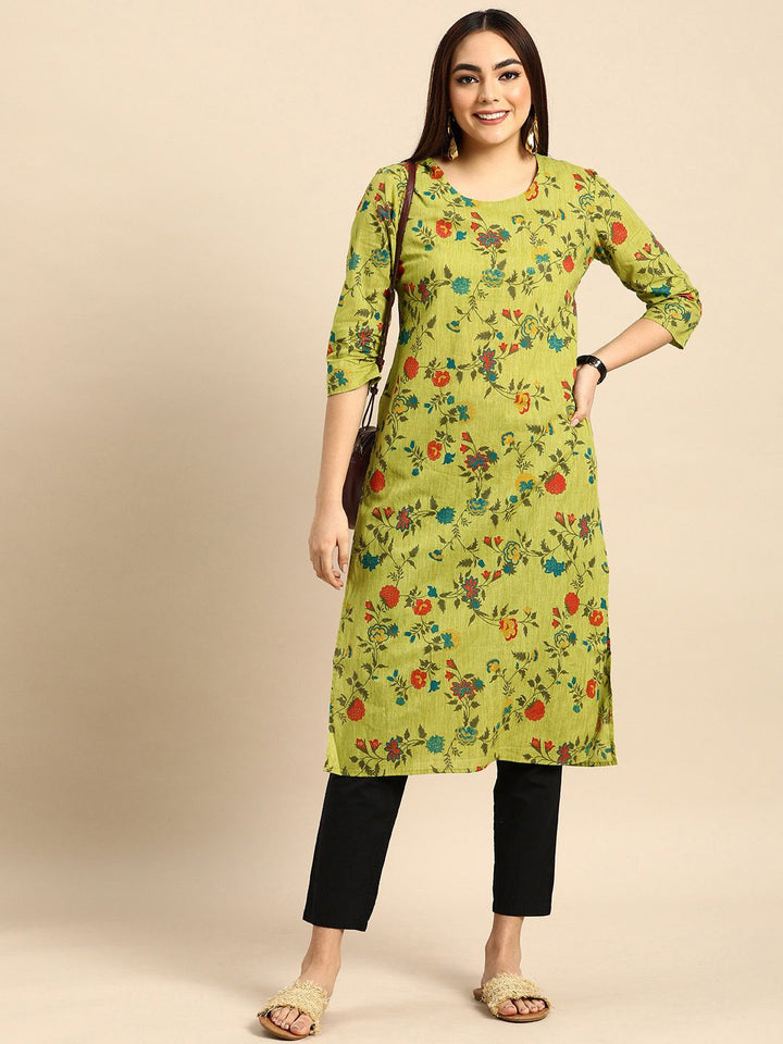 Anouk Women Green & Red Floral Printed Pure Cotton Kurta