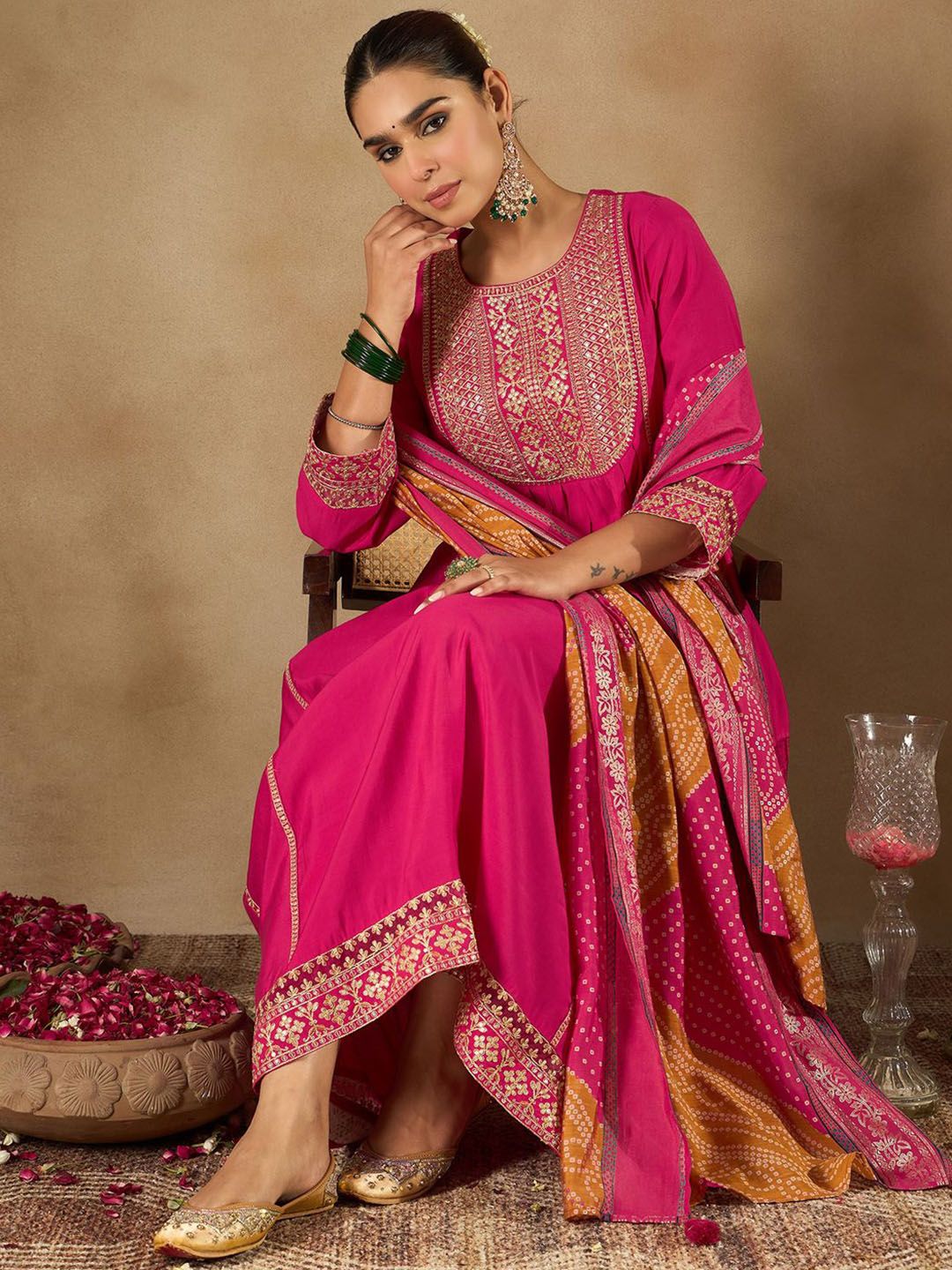 Indo Era Women Ethnic Motifs Embroidered Empire Kurta with Trousers & Dupatta